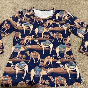 J. McLaughlin Catalina Women's 3/4 Sleeve Top- Retired Blue Camel Pattern Size M